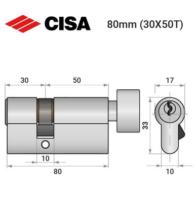 Цилиндр CISA C2000 80T (30*50T) никель матовый