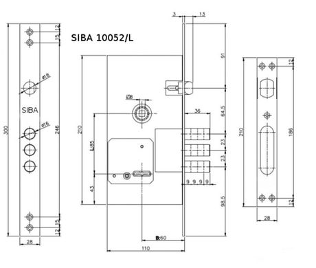 SIBA Замок для мет. двері 10052/L 5 сувальдних кл., 85/60 мм