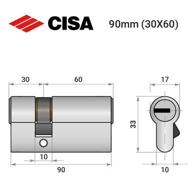 Цилиндр CISA ASIX P8 PRO 90 (30*60) никель матовый 5+1 ключ