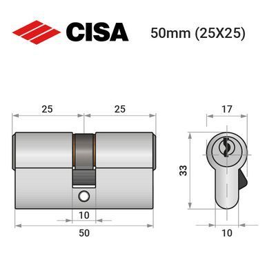 Цилиндр CISA C2000 50 (25*25) никель матовый 3 ключа