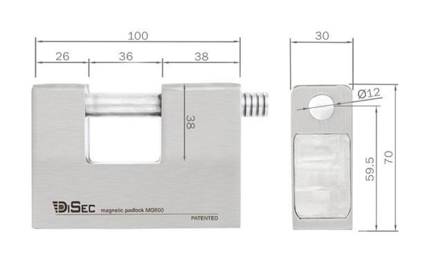 Замок висячий DISEC MG600 MAGNETIC_6G KM0P20 2KEY SLID_shackle 20мм 12мм BOX