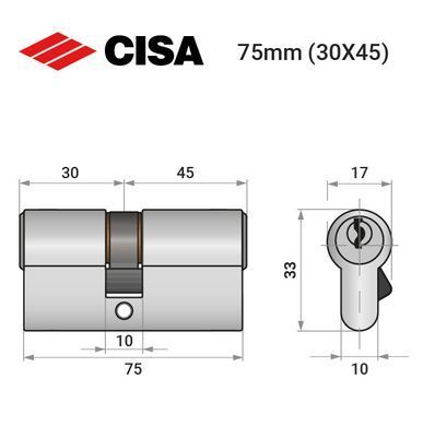 Цилиндр CISA C2000 75 (30*45) никель матовый 3 ключа